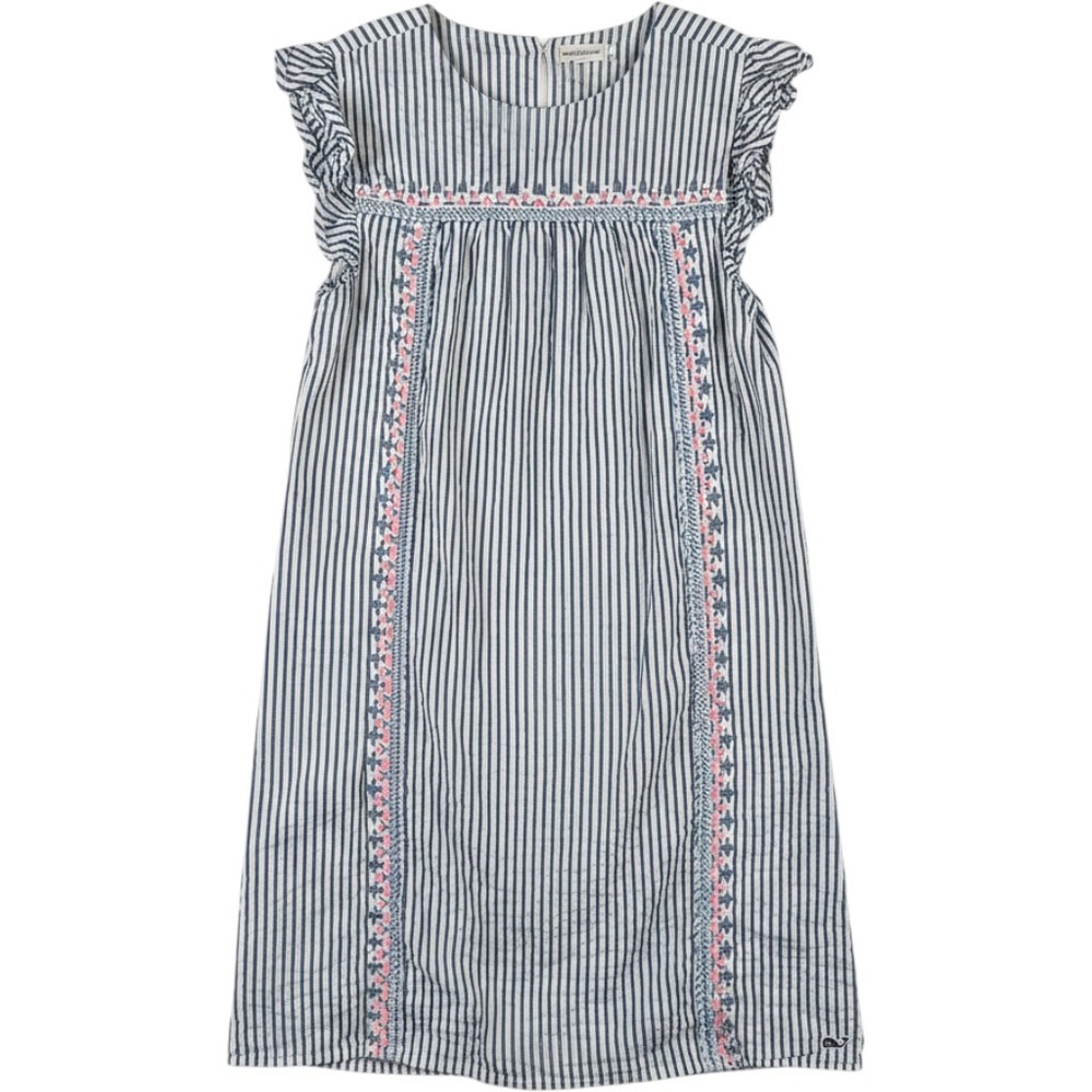 Vineyard Vines Seersucker Dress Girls 10 Blue White Excellent Ruffle Sleeve